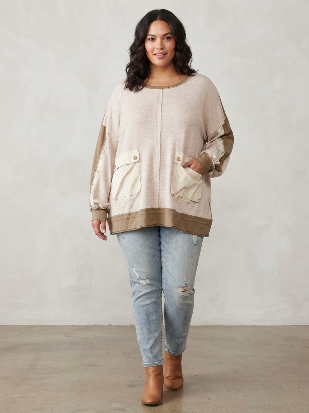 NWOT Oddi Boho Mixed Media Thermal Tunic Lace Trim Oatmeal Brown 1XL